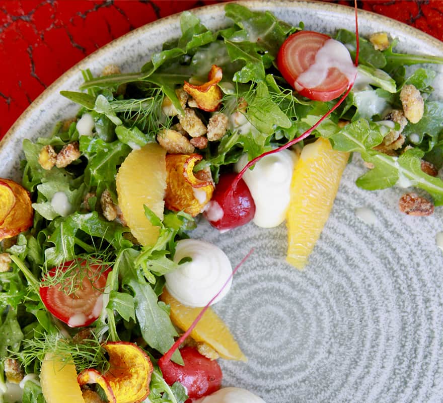 Beet Salad with fresh regional ingredients and blood orange vinaigrette at The Bistro in Jackson Hole, Wyoming.