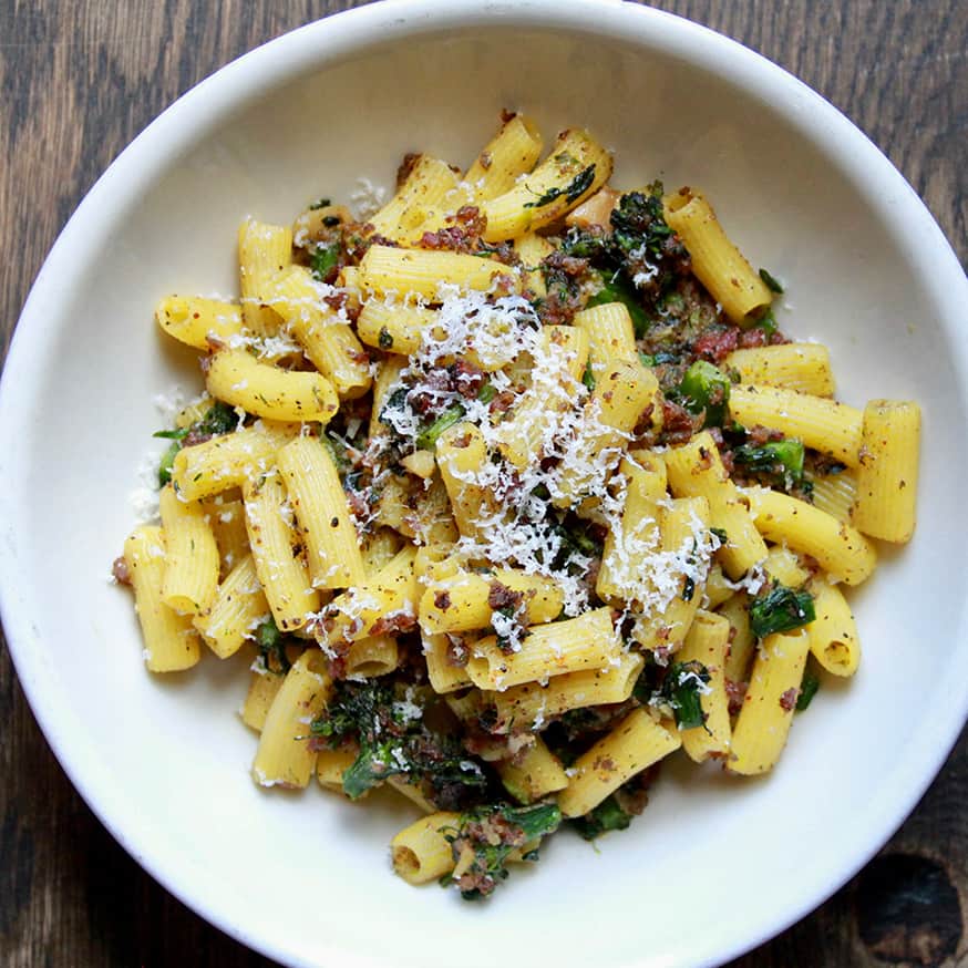 Creste Rigate pasta with black garlic, mushroom, chive, white wine, pecorino at Il Villaggio Osteria restaurant in Teton Village, Wyoming.