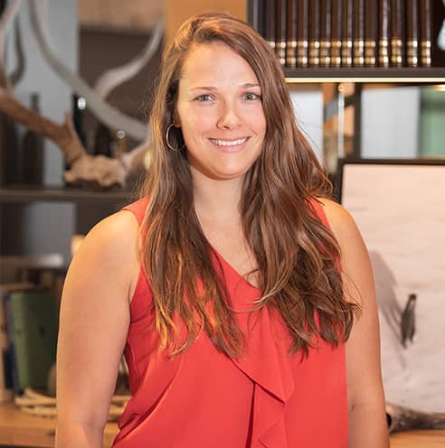 Portrait of Fine Dining Restaurant Group Executive Assistant, Natalie Hayes, in the dining room of a Fine Dining restaurant in Jackson, Wyoming.